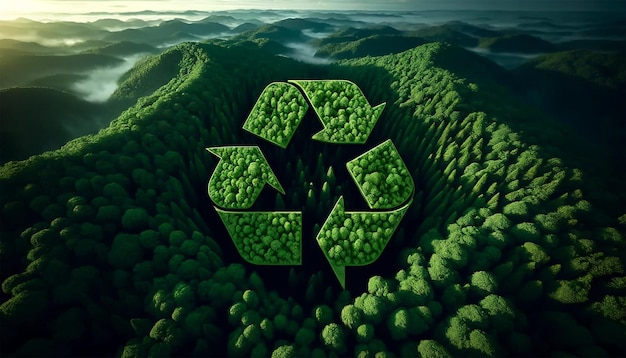 Recycling Symbol Over Aerial Forest View for Environmental Conservation