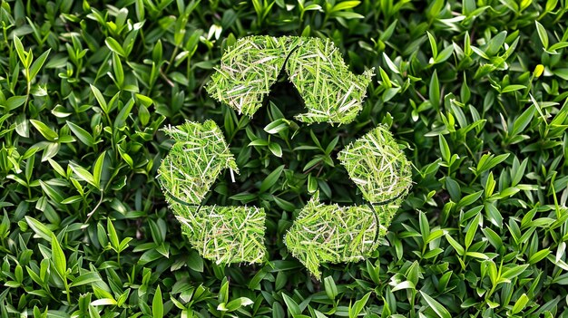 緑の背景に草から作られたリサイクルシンボル