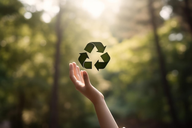 Recycling Symbol Held by Hand on a Gorgeous Bokeh Green Background