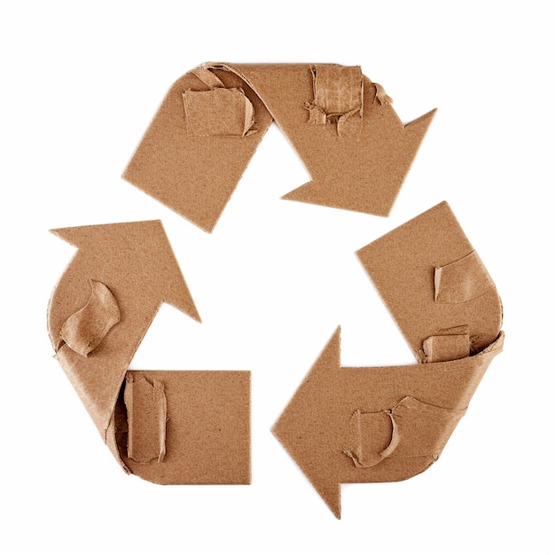 Recycling symbol made of cardboard isolated on white Cardboard recycling arrows reuse recycle logo AI generated