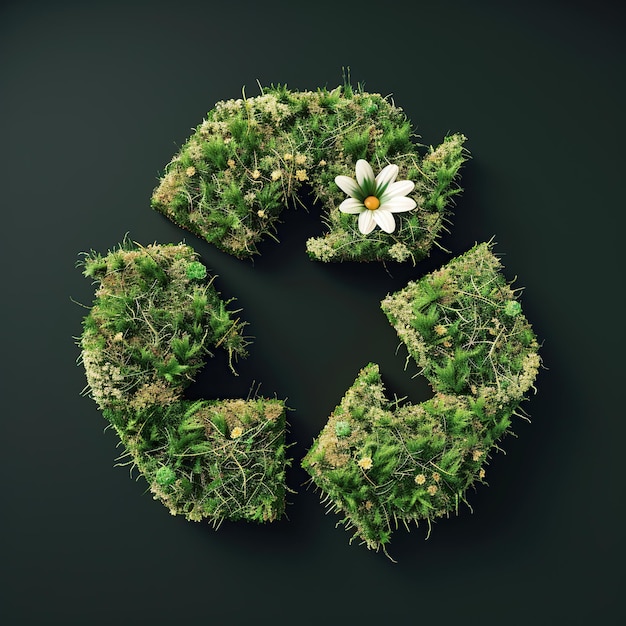 Recycling symbol made of grass and flowers 3D rendering