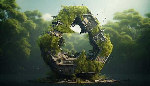Recycling symbol made out of trees water and bushes in the style of post apocalyptic backdrops