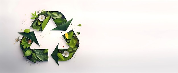 Фото Созданный ai символ переработки, украшенный зелеными листьями и цветами