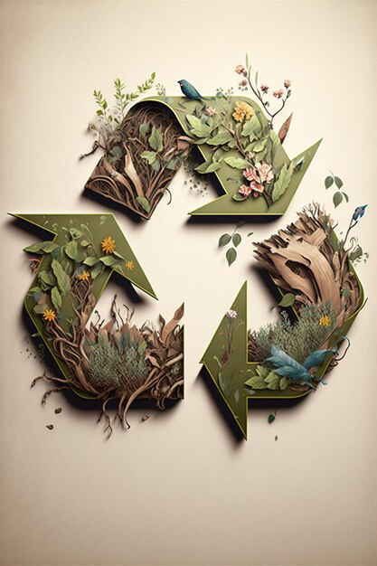 Символ переработки с цветами, листьями, корнями и птицами, созданный с использованием генеративной технологии ИИ