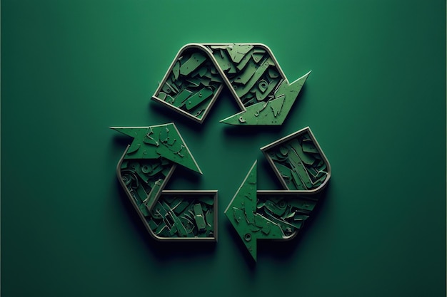 Recycling symbol with green shapes on green background created using generative ai technology