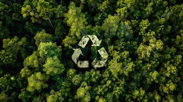 Recycling symbool in een weelderig bos dat duurzaamheid symboliseert