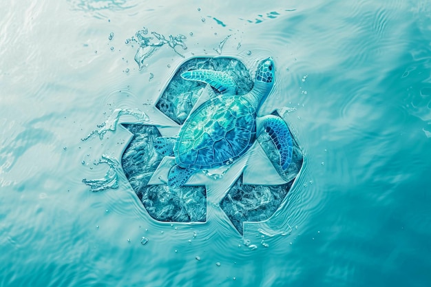 Recycling symbool met een zeeschildpad binnen op blauwe achtergrond gegenereerd door AI