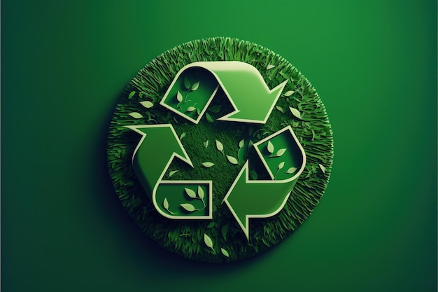 Recycling symbool met gras en bladeren op groene achtergrond gemaakt met behulp van generatieve AI-technologie