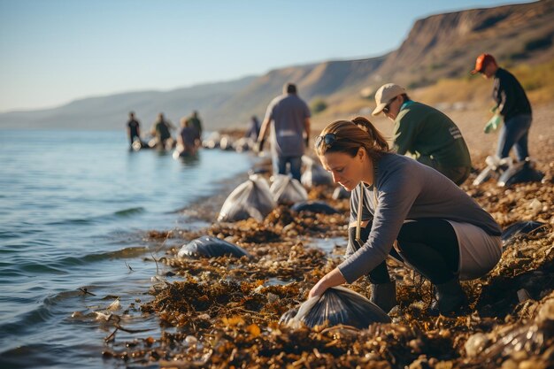 Foto recyclingconcept vrijwillige vrouw sorteert vuilnis aan de kust