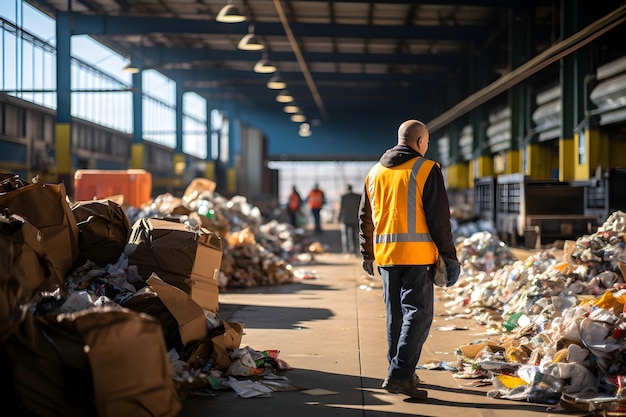 Foto recyclingwerkers die afval in een fabriek sorteren