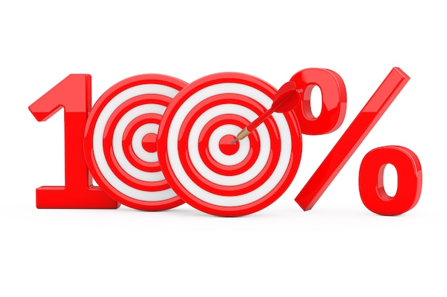 Red 100 %  Sign as Darts Target with Darts Arrow on a white background. 3d Rendering.