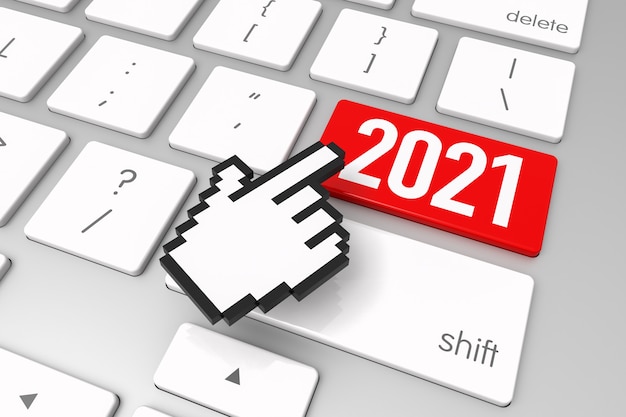 Red 2021 enter key with hand cursor. 3D rendering