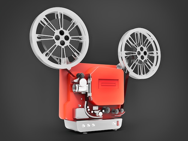 Red 3d cinema film projector isolated on gray background. 3d rendering.