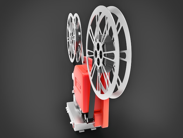 Red 3d cinema film projector isolated on gray background. 3d rendering.