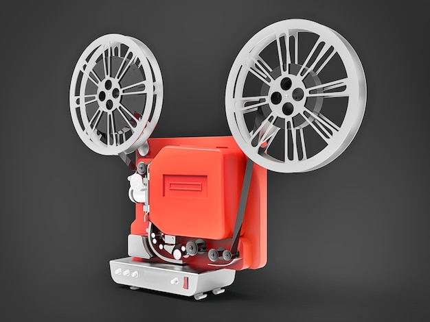Red 3d cinema film projector isolated on gray background. 3d rendering.