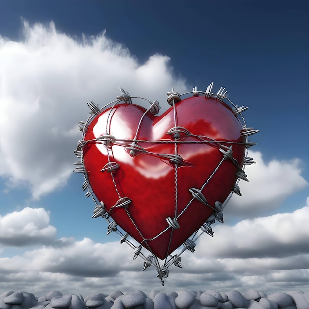 A red 3D heart entwined with a metal chain on a background of clouds