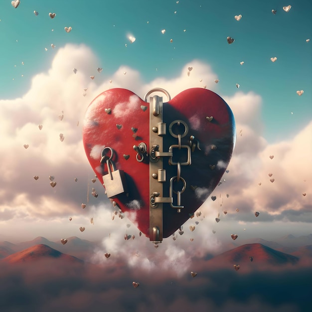 A red 3D heart entwined with a metal chain on a background of clouds