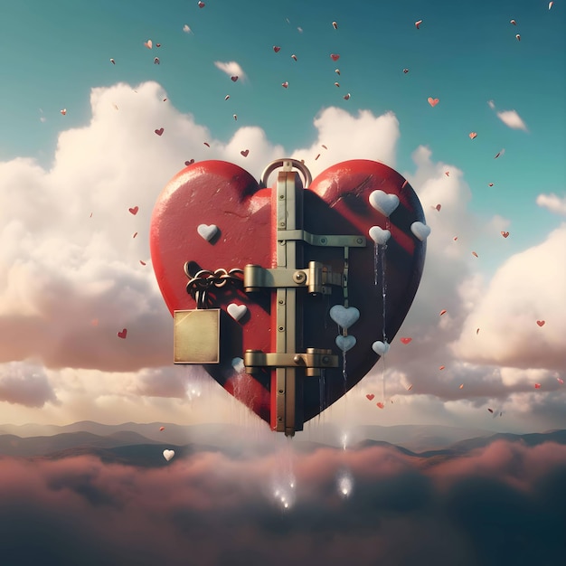 A red 3D heart entwined with a metal chain on a background of clouds