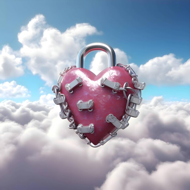 Photo a red 3d heart entwined with a metal chain on a background of clouds