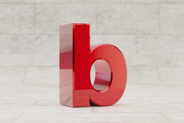 Red 3d letter B lowercase. Glossy red metallic letter on stone tile background. Shiny metal alphabet with studio light reflections. 3d rendered font character.