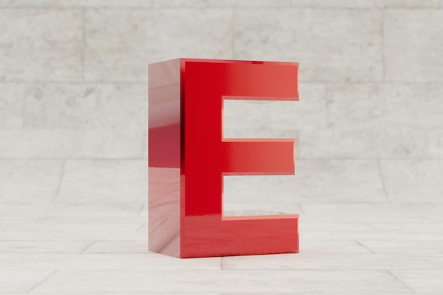 Red 3d letter E uppercase. Glossy red metallic letter on stone tile background. Shiny metal alphabet with studio light reflections. 3d rendered font character.