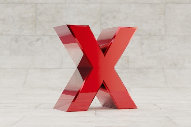 red 3d letter x uppercase. glossy red metallic letter on stone tile background. shiny metal alphabet with studio light reflections. 3d rendered font character.