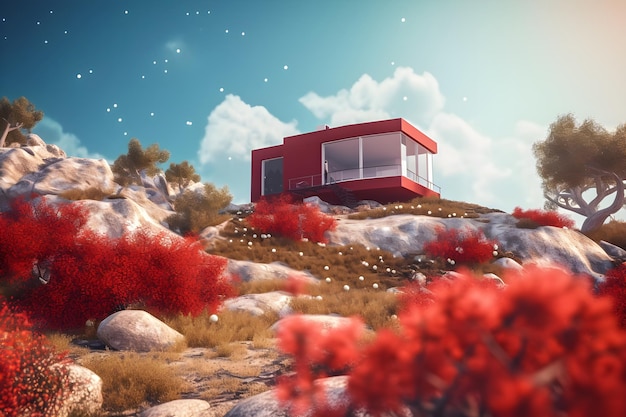 Red 3d rendering of a bright modern house in a natural landscape