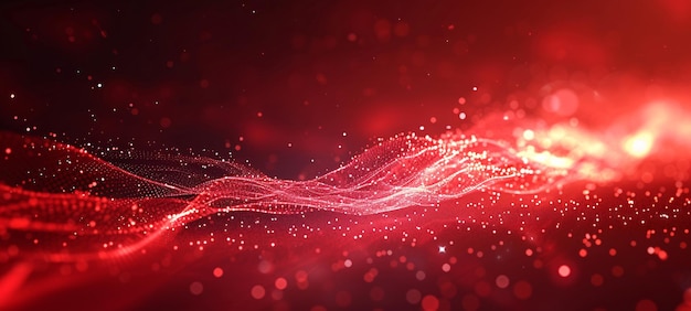 Red abstract background with network mesh and particle connections wavy background