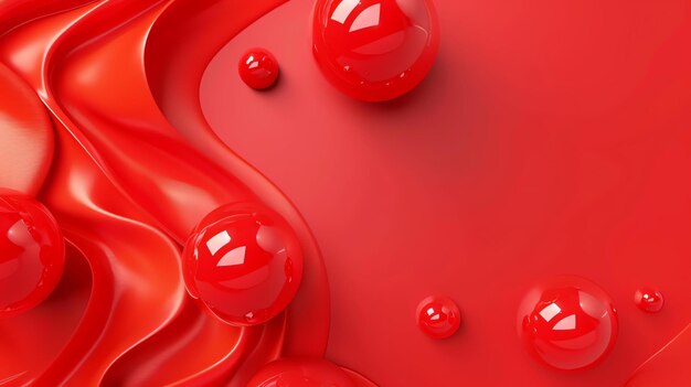赤い抽象的な背景と滑らかな波状の折りたたみと光沢のある球体 3D レンダリングイラスト