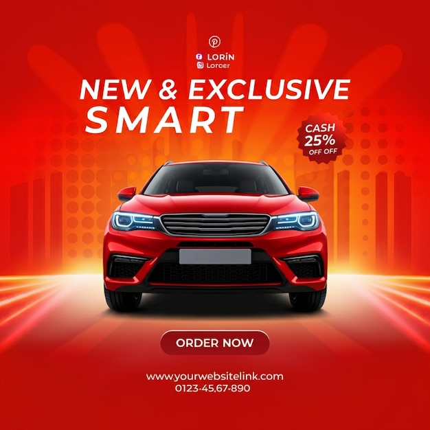 a red ad for new car with a license plate that says new smart smart