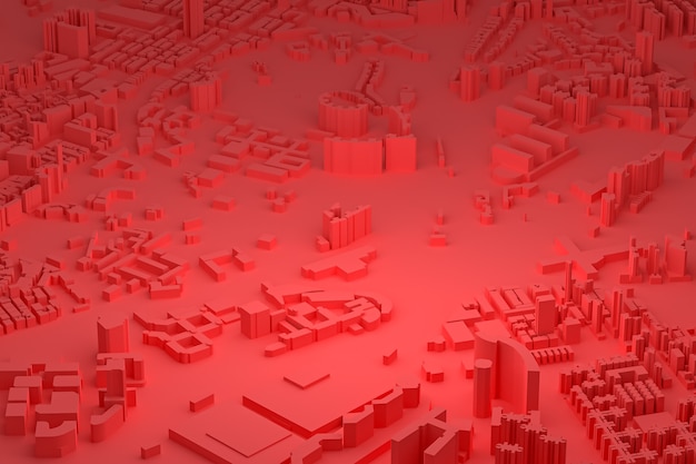 Red aerial view of city buildings 3d rendering red map background