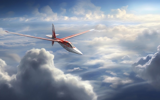 A red airplane flying through a cloudy sky AI