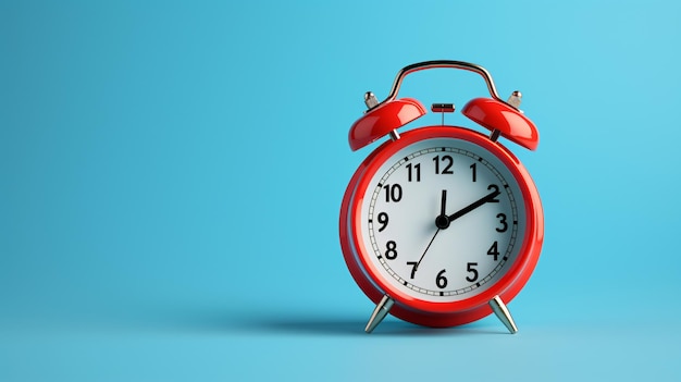 Red alarm clock on blue background