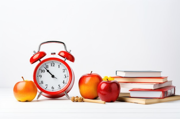 白い背景の赤い目覚まし時計本とリンゴ バック・トゥ・スクール・コンセプト オレンジ色の目覚まし時計 赤いリンゴと学校用品 バック・トゥ・スクール・コンセプト 白い背景のAI生成