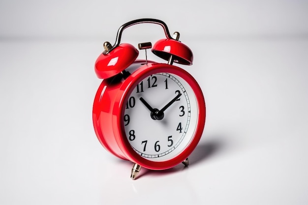 Red alarm clock on a white background with copy space
