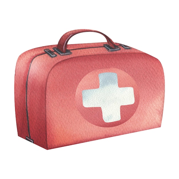 Red ambulance medical case first aid kit with a cross Watercolor illustration Isolated object on white background from VETERINARY collection For the design of pharmacies clinics hospitals