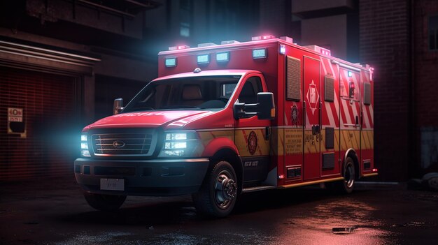 A red ambulance parked in a garage at night with automotive lighting
