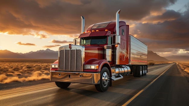 Red american truck on the highway at sunset