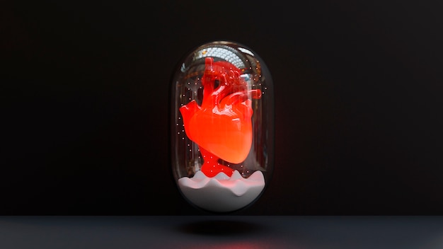 Red anatomical heart in jar