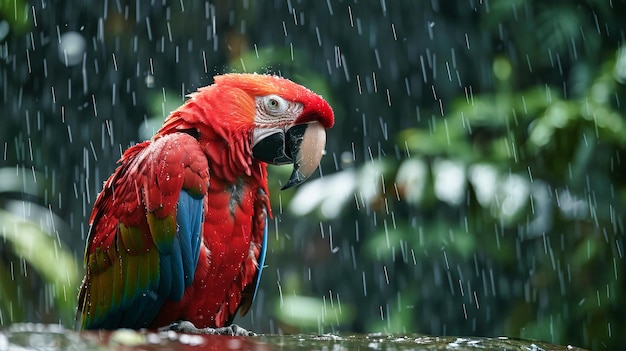 Фото Красно-голубой папагал-ара, стоящий под дождем