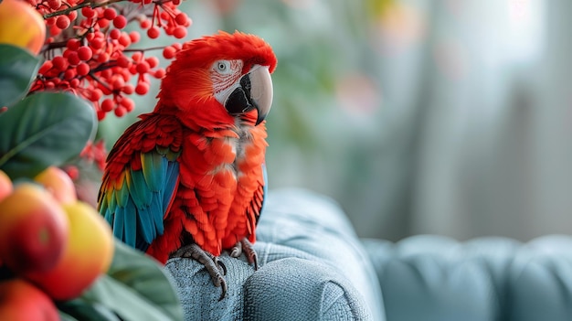 写真 カウチの腕に座っている赤と青のオオカミ