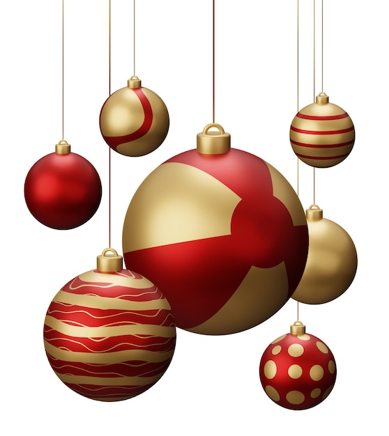 Red and Gold Beach Hanging Christmas Balls 3d render illustratie geïsoleerd op witte achtergrond