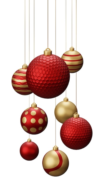 Foto red and gold golf hanging christmas balls 3d render illustratie geïsoleerd op witte achtergrond
