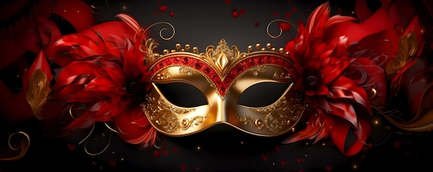 Фото Красная и золотая маска с красными перьями на темном фоне карнавальный блеск венецианский маскарадный стиль праздничный карнавальный флаг цветочная элегантность на праздничной венециянской маске