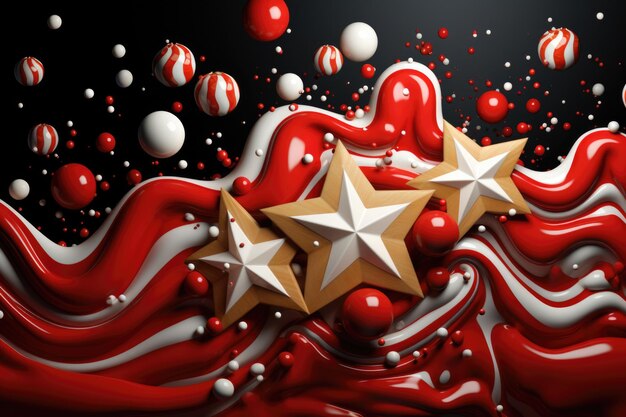 Фото Красно-белый рождественский фон со звездами и конфетами ai