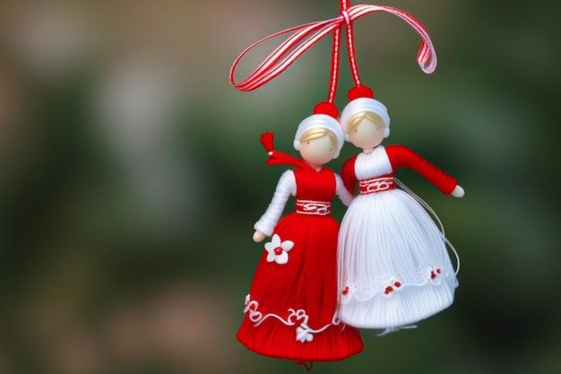 写真 赤と白のマルテニツァ (martinitsa) またはマルティソール (martisor) の人形は開花する木の枝に吊るされているルーマニア語