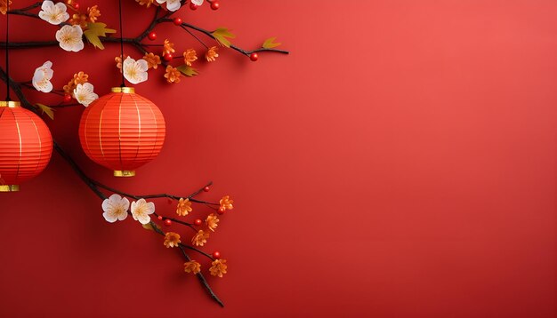 사진 빨간색과 노란색 종이 중국 등불과 은 바탕에 꽃이 있는 체리 나무 가지