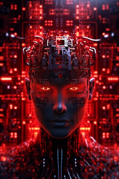 Red android with circuits Generative AI