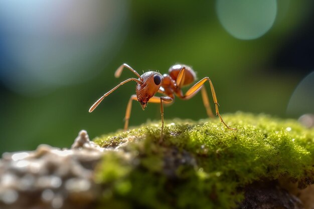 A red ant on a green branch