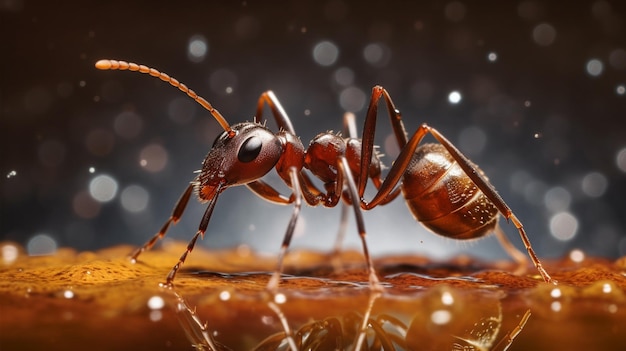 Красный муравей пьет воду из резервуара для воды.